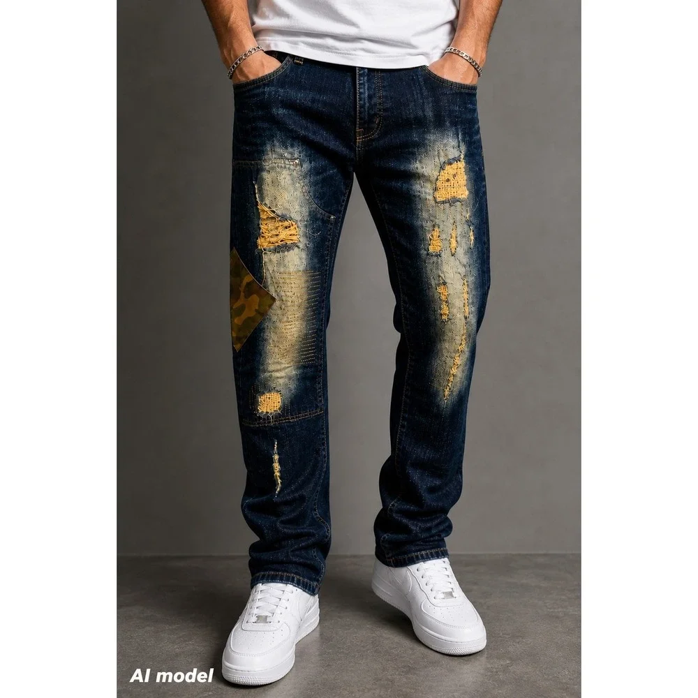 Distressed Patchwork Jeans 34x32 Slim Fit Camo Streetwear Denim Thrashed